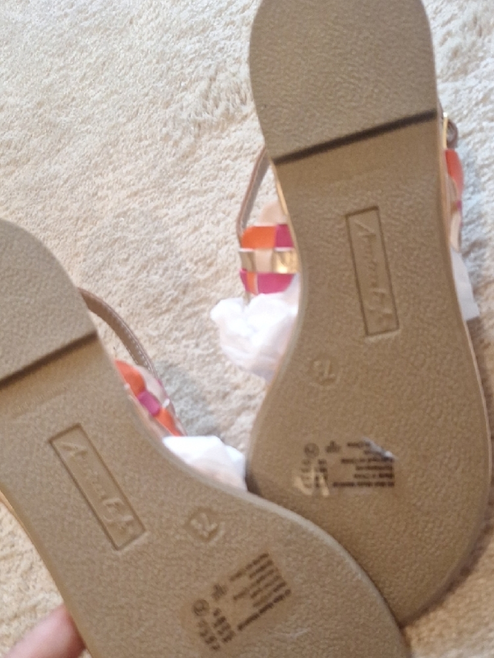 American Eagle Braided T-Strap Sandals in Tan with Pink, Orange & Gold Size M - Picture 4 of 5